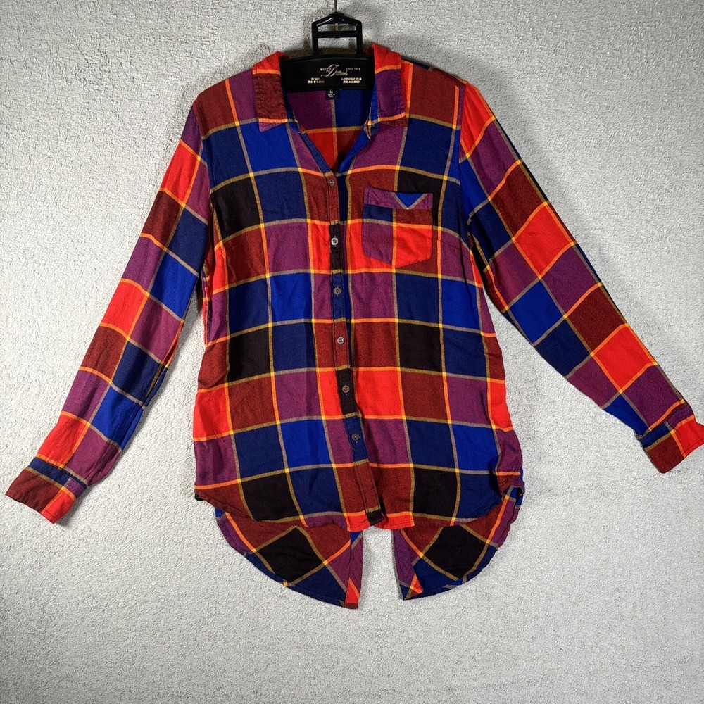 Lucky Brand Womens Red Blue Plaid Button Down Split Back Tunic Flannel Shirt M